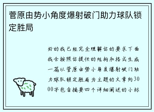 菅原由势小角度爆射破门助力球队锁定胜局